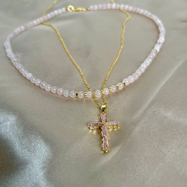 Women’s Pink Gemstone Cross necklace, 14k Gold filled pink Gemstone Cross Necklace