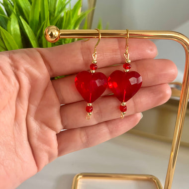 Women's Red and Gold Crystal Heart Earrings