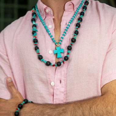 Men's Turquoise Gemstone Cross Hand knotted Necklace, Resort Wear Jewelry
