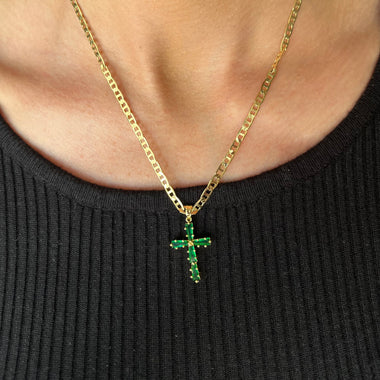 Women's 24K Gold Filled Chain with Emerald Green Cross