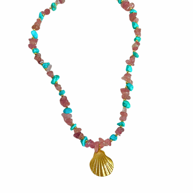 Sunset Beach Necklace, Gold Seashell Gemstone Necklace