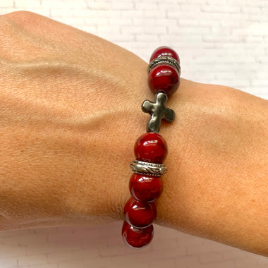 Men's Ruby Quartzite Bracelet, Men's Cross Beaded Bracelet