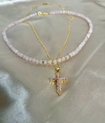 Women’s Pink Gemstone Cross necklace, 14k Gold filled pink Gemstone Cross Necklace