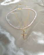 Women’s Pink Gemstone Cross necklace, 14k Gold filled pink Gemstone Cross Necklace