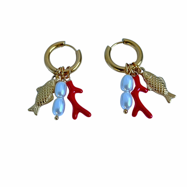 Manarola Charm Earrings, Pearl Coral fish Huggies
