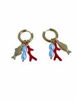 Manarola Charm Earrings, Pearl Coral fish Huggies