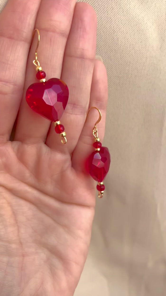 Women's Red and Gold Crystal Heart Earrings